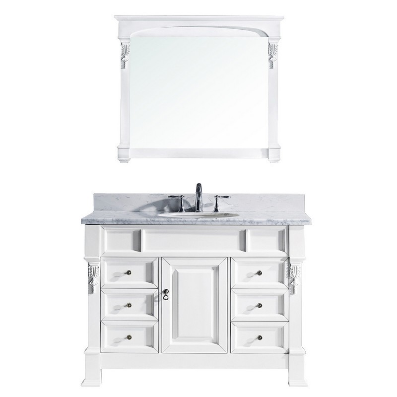 VIRTU USA MS-2948-WMRO-WH-00 HUNTSHIRE MANOR 48 INCH SINGLE BATH VANITY IN WHITE WITH MARBLE TOP AND ROUND SINK WITH FAUCET AND MIRROR