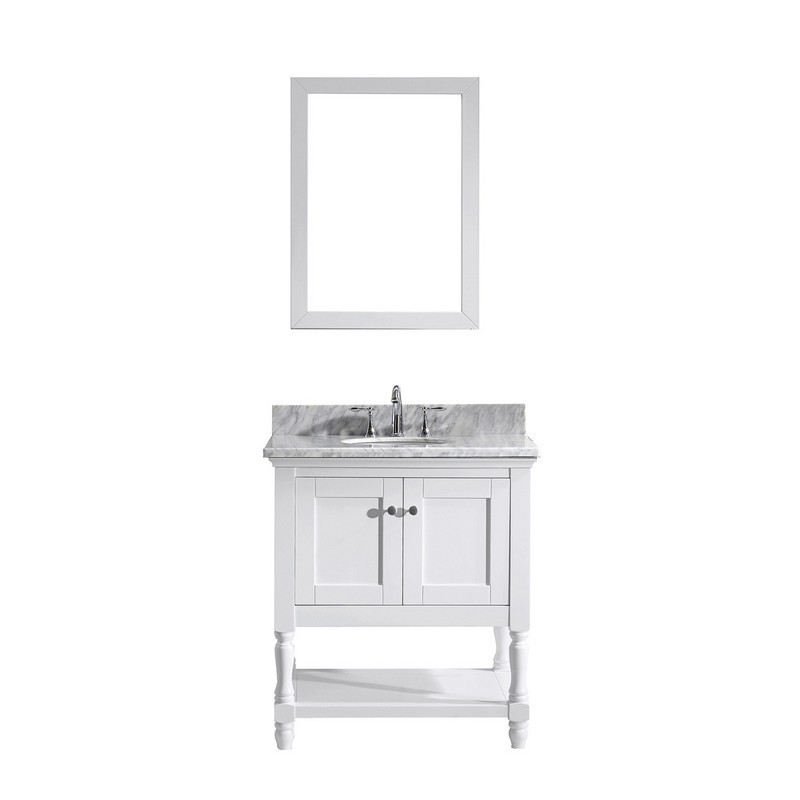 VIRTU USA MS-3132-WMRO-WH-00 JULIANNA 32 INCH SINGLE BATH VANITY IN WHITE WITH MARBLE TOP AND ROUND SINK WITH FAUCET AND MIRROR