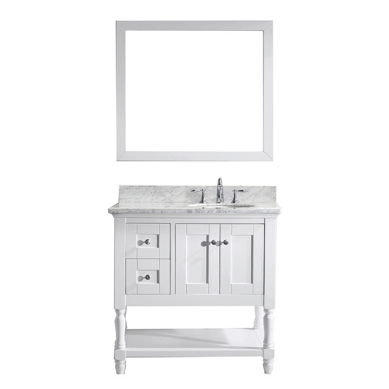 VIRTU USA MS-3136-WMRO-WH-00 JULIANNA 36 INCH SINGLE BATH VANITY IN WHITE WITH MARBLE TOP AND ROUND SINK WITH FAUCET AND MIRROR