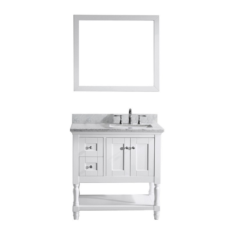 VIRTU USA MS-3136-WMSQ-WH-00 JULIANNA 36 INCH SINGLE BATH VANITY IN WHITE WITH MARBLE TOP AND SQUARE SINK WITH FAUCET AND MIRROR