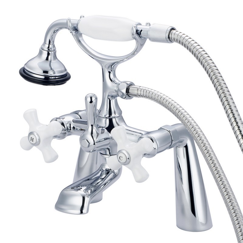 WATER-CREATION F6-0003-PX VINTAGE CLASSIC 7 INCH SPREAD DECK MOUNT TUB FAUCET WITH HANDHELD SHOWER WITH PORCELAIN CROSS HANDLES, HOT AND COLD LABELS INCLUDED