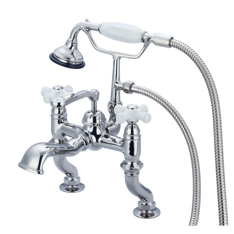 WATER-CREATION F6-0004 -PX VINTAGE CLASSIC ADJUSTABLE CENTER DECK MOUNT TUB FAUCET WITH HANDHELD SHOWER WITH PORCELAIN CROSS HANDLES, HOT AND COLD LABELS INCLUDED