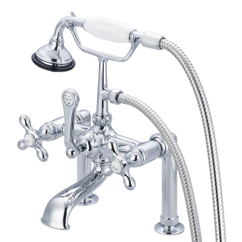WATER-CREATION F6-0006-AX VINTAGE CLASSIC 7 INCH SPREAD DECK MOUNT TUB FAUCET WITH 6 INCH RISERS AND HANDHELD SHOWER WITH METAL LEVER HANDLES, HOT AND COLD LABELS INCLUDED