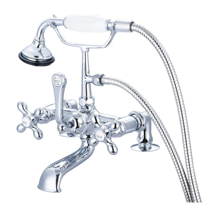 WATER-CREATION F6-0007-AX VINTAGE CLASSIC 7 INCH SPREAD DECK MOUNT TUB FAUCET WITH 2 INCH RISERS AND HANDHELD SHOWER WITH METAL LEVER HANDLES, HOT AND COLD LABELS INCLUDED