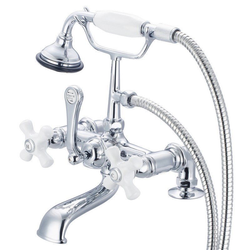 WATER-CREATION F6-0007-PX VINTAGE CLASSIC 7 INCH SPREAD DECK MOUNT TUB FAUCET WITH 2 INCH RISERS AND HANDHELD SHOWER WITH PORCELAIN CROSS HANDLES, HOT AND COLD LABELS INCLUDED