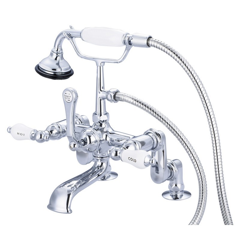 WATER-CREATION F6-0008-CL VINTAGE CLASSIC ADJUSTABLE CENTER DECK MOUNT TUB FAUCET WITH HANDHELD SHOWER WITH PORCELAIN LEVER HANDLES, HOT AND COLD LABELS INCLUDED