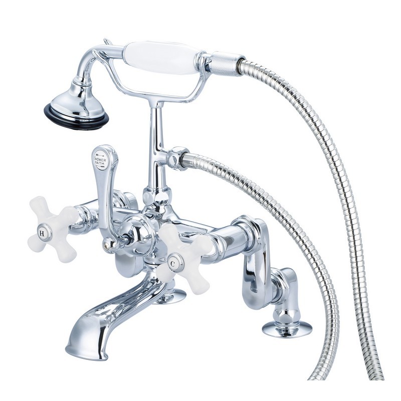 WATER-CREATION F6-0008-PX VINTAGE CLASSIC ADJUSTABLE CENTER DECK MOUNT TUB FAUCET WITH HANDHELD SHOWER WITH PORCELAIN CROSS HANDLES, HOT AND COLD LABELS INCLUDED