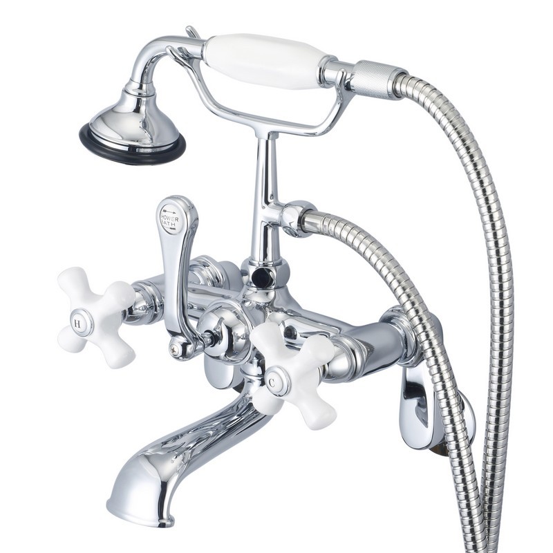 WATER-CREATION F6-0009-PX VINTAGE CLASSIC ADJUSTABLE CENTER WALL MOUNT TUB FAUCET WITH SWIVEL WALL CONNECTOR AND HANDHELD SHOWER WITH PORCELAIN CROSS HANDLES, HOT AND COLD LABELS INCLUDED