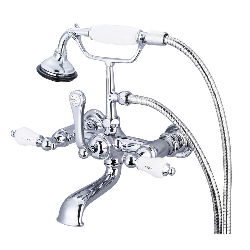 WATER-CREATION F6-0010-CL VINTAGE CLASSIC 7 INCH SPREAD WALL MOUNT TUB FAUCET WITH STRAIGHT WALL CONNECTOR AND HANDHELD SHOWER WITH PORCELAIN LEVER HANDLES, HOT AND COLD LABELS INCLUDED