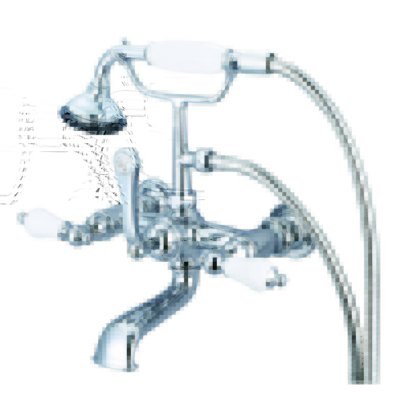 WATER-CREATION F6-0010-PL VINTAGE CLASSIC 7 INCH SPREAD WALL MOUNT TUB FAUCET WITH STRAIGHT WALL CONNECTOR AND HANDHELD SHOWER WITH PORCELAIN LEVER HANDLES WITHOUT LABELS
