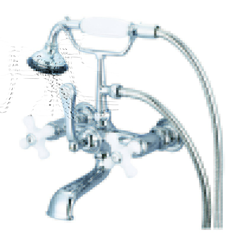 WATER-CREATION F6-0010-PX VINTAGE CLASSIC 7 INCH SPREAD WALL MOUNT TUB FAUCET WITH STRAIGHT WALL CONNECTOR AND HANDHELD SHOWER WITH PORCELAIN CROSS HANDLES, HOT AND COLD LABELS INCLUDED