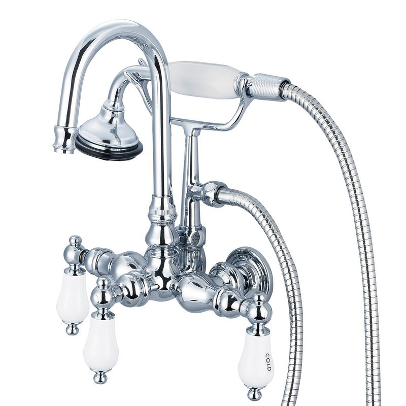 WATER-CREATION F6-0012-CL VINTAGE CLASSIC 3.375 INCH CENTER WALL MOUNT TUB FAUCET WITH GOOSENECK SPOUT, STRAIGHT WALL CONNECTOR AND HANDHELD SHOWER WITH PORCELAIN LEVER HANDLES, HOT AND COLD LABELS INCLUDED