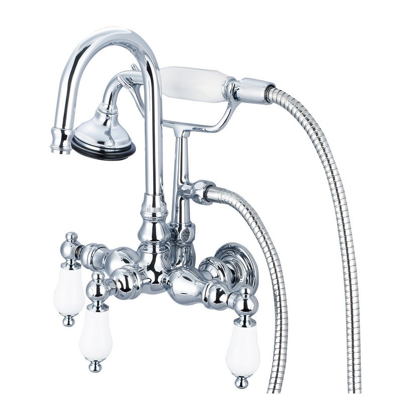 WATER-CREATION F6-0012-PL VINTAGE CLASSIC 3.375 INCH CENTER WALL MOUNT TUB FAUCET WITH GOOSENECK SPOUT, STRAIGHT WALL CONNECTOR AND HANDHELD SHOWER WITH PORCELAIN LEVER HANDLES WITHOUT LABELS