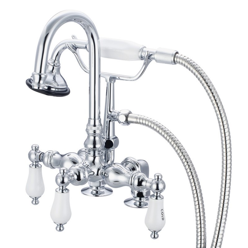 WATER-CREATION F6-0013-CL VINTAGE CLASSIC 3.375 INCH CENTER DECK MOUNT TUB FAUCET WITH GOOSENECK SPOUT, 2 INCH RISERS AND HANDHELD SHOWER WITH PORCELAIN LEVER HANDLES, HOT AND COLD LABELS INCLUDED