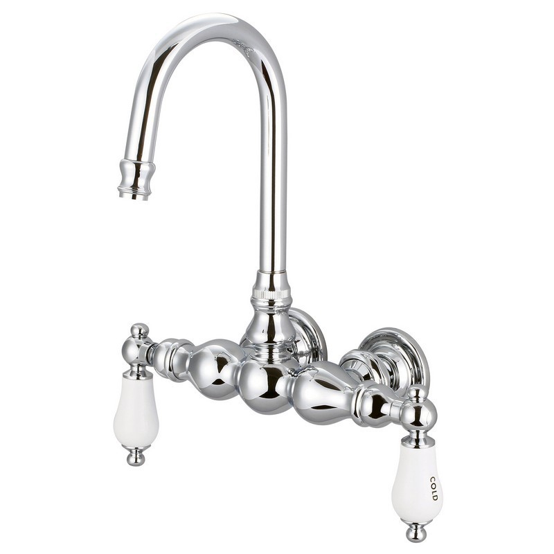 WATER-CREATION F6-0014-CL VINTAGE CLASSIC 3.375 INCH CENTER WALL MOUNT TUB FAUCET WITH GOOSENECK SPOUT AND STRAIGHT WALL CONNECTOR WITH PORCELAIN LEVER HANDLES, HOT AND COLD LABELS INCLUDED