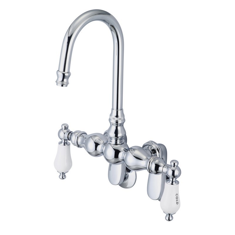 WATER-CREATION F6-0015-CL VINTAGE CLASSIC ADJUSTABLE SPREAD WALL MOUNT TUB FAUCET WITH GOOSENECK SPOUT AND SWIVEL WALL CONNECTOR WITH PORCELAIN LEVER HANDLES, HOT AND COLD LABELS INCLUDED
