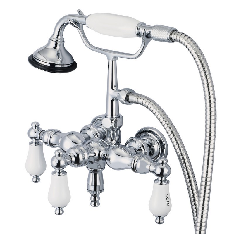 WATER-CREATION F6-0017-CL VINTAGE CLASSIC 3.375 INCH CENTER WALL MOUNT TUB FAUCET WITH DOWN SPOUT, STRAIGHT WALL CONNECTOR AND HANDHELD SHOWER WITH PORCELAIN LEVER HANDLES, HOT AND COLD LABELS INCLUDED