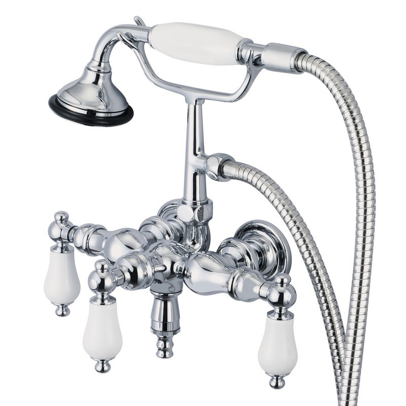 WATER-CREATION F6-0017-PL VINTAGE CLASSIC 3.375 INCH CENTER WALL MOUNT TUB FAUCET WITH DOWN SPOUT, STRAIGHT WALL CONNECTOR AND HANDHELD SHOWER WITH PORCELAIN LEVER HANDLES WITHOUT LABELS