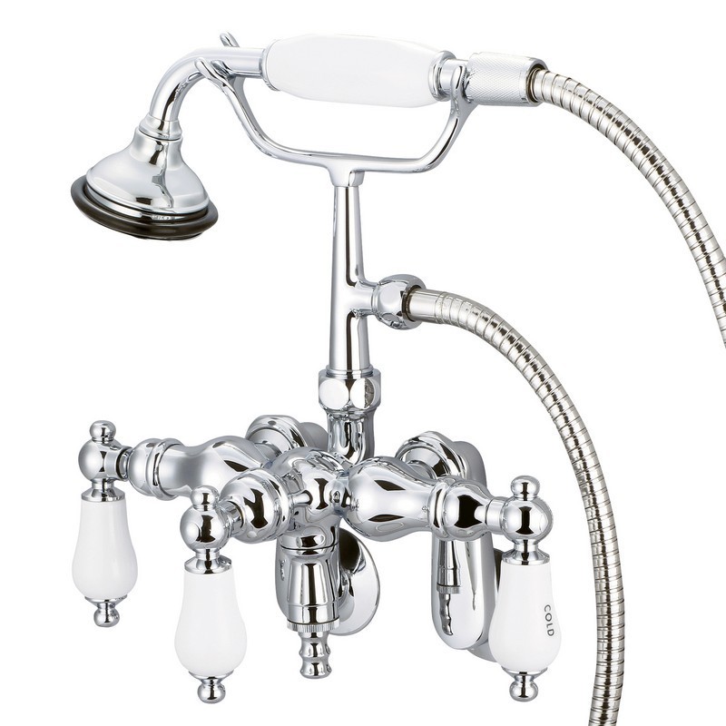 WATER-CREATION F6-0018-CL VINTAGE CLASSIC ADJUSTABLE CENTER WALL MOUNT TUB FAUCET WITH DOWN SPOUT, SWIVEL WALL CONNECTOR AND HANDHELD SHOWER WITH PORCELAIN LEVER HANDLES, HOT AND COLD LABELS INCLUDED