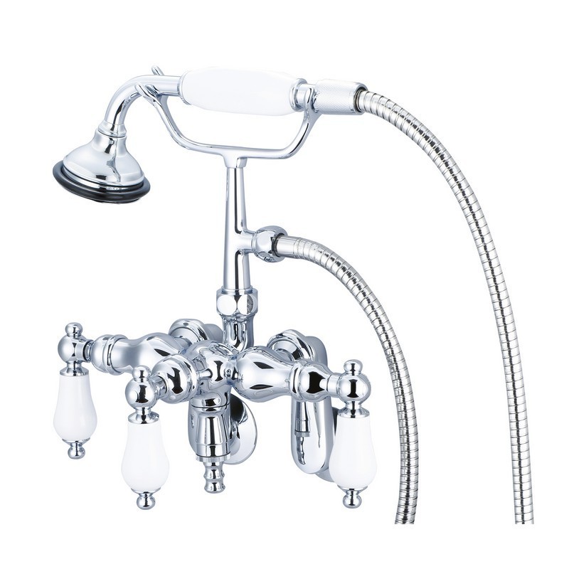 WATER-CREATION F6-0018-PL VINTAGE CLASSIC ADJUSTABLE CENTER WALL MOUNT TUB FAUCET WITH DOWN SPOUT, SWIVEL WALL CONNECTOR AND HANDHELD SHOWER WITH PORCELAIN LEVER HANDLES WITHOUT LABELS