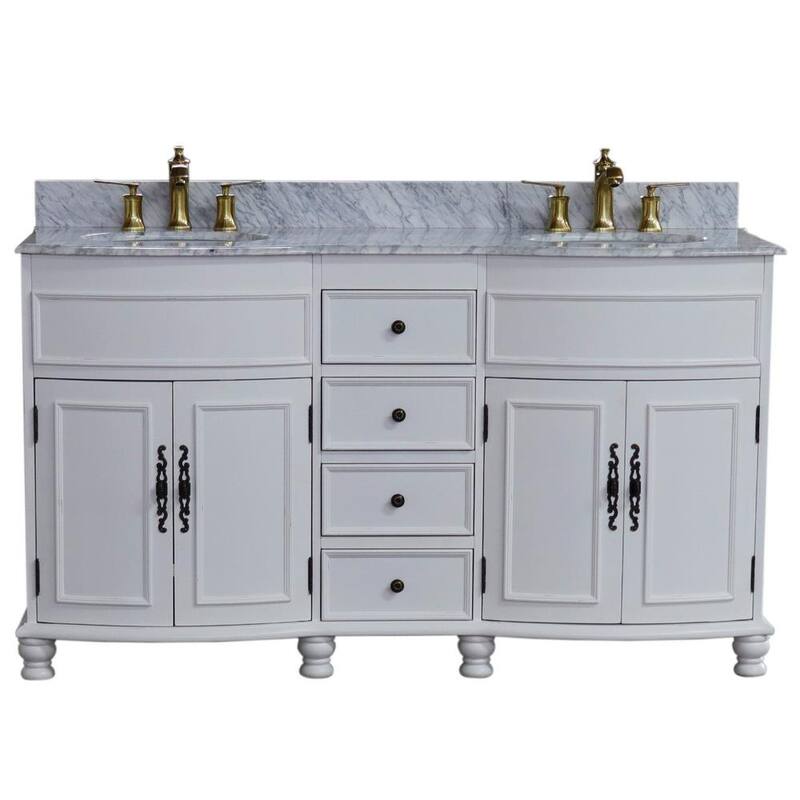 BELLATERRA HOME 603316-AW-WC 62 INCH DOUBLE SINK FREESTANDING BATHROOM VANITY WITH WHITE MARBLE TOP IN ANTIQUE WHITE