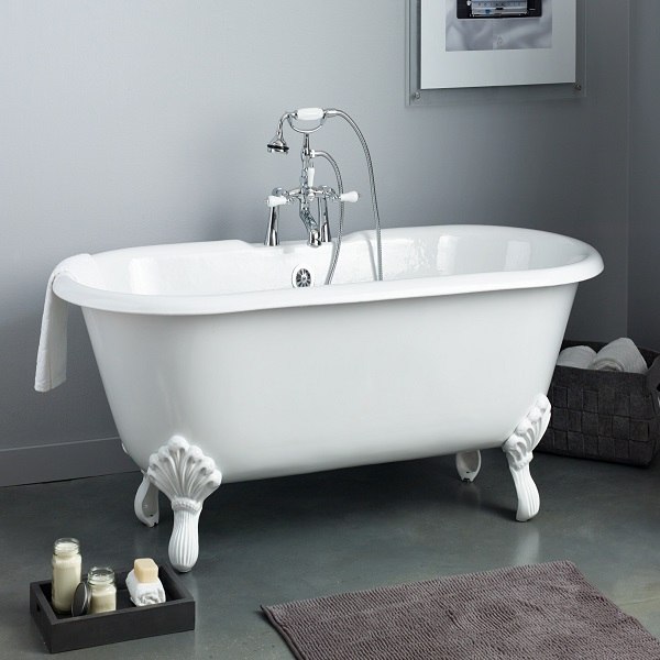 CHEVIOT 2180-WW-8 70 INCH REGAL CAST IRON BATHTUB WITH SHAUGHNESSY FEET AND FLAT AREA FOR FAUCET HOLES IN WHITE, 8 INCH DRILLING FAUCET HOLES