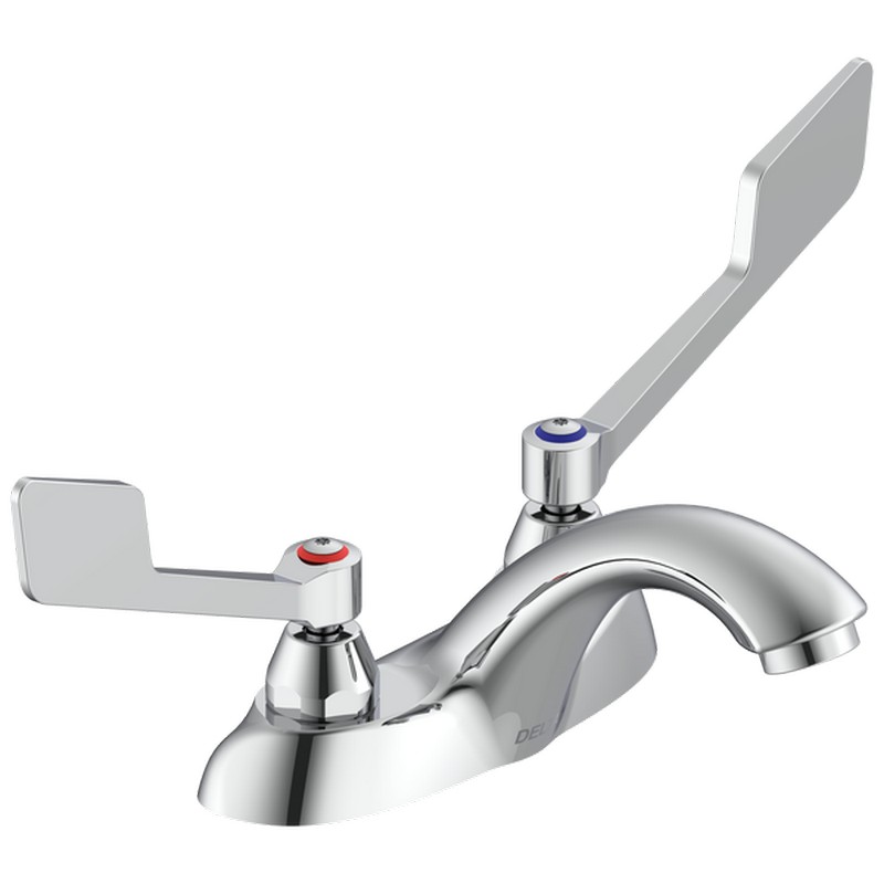 DELTA 21C135 COMMERCIAL 3 5/8 INCH TWO HOLES DOUBLE HANDLES CENTERSET BATHROOM FAUCET WITH WRIST BLADE HANDLES AND VANDAL RESISTANT AERATOR - CHROME
