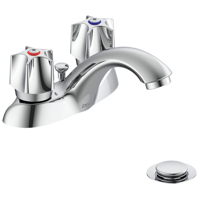 DELTA 21C231 COMMERCIAL 3 5/8 INCH THREE HOLES CENTERSET BATHROOM FAUCET WITH FIVE FLUTE HANDLES AND POP-UP ASSEMBLY - CHROME
