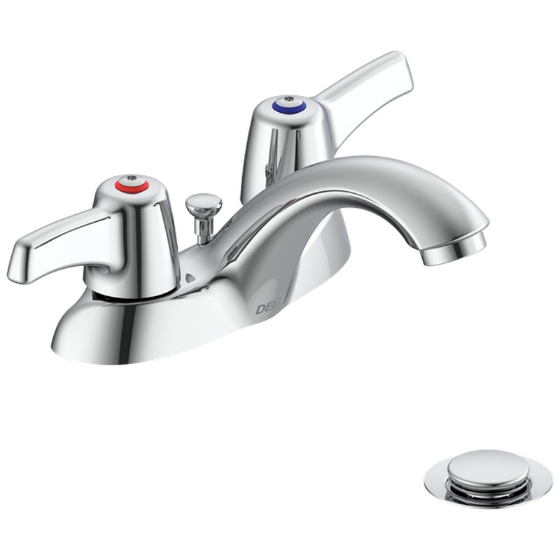 DELTA 21C233 COMMERCIAL 3 5/8 INCH THREE HOLES CENTERSET BATHROOM FAUCET WITH LEVER BLADE HANDLES AND POP-UP ASSEMBLY - CHROME