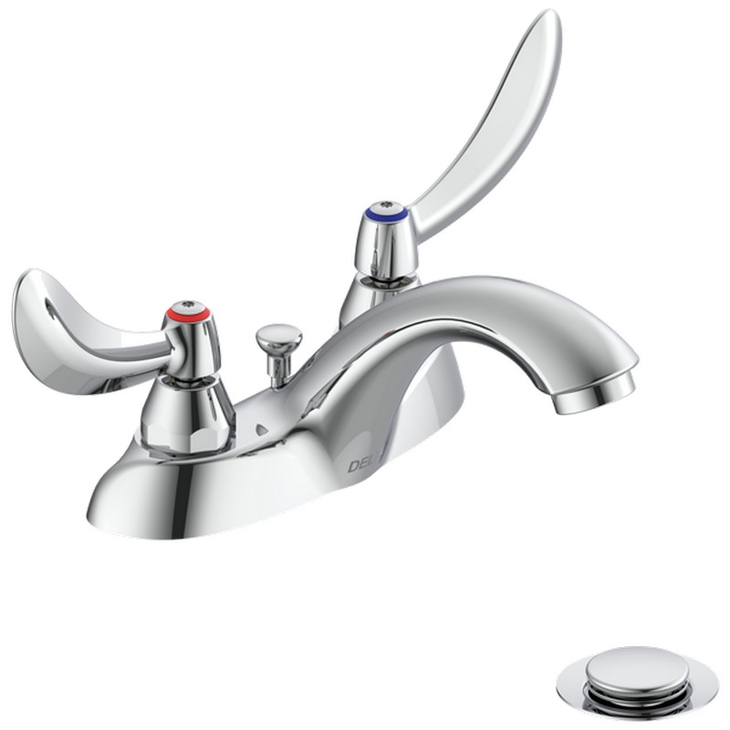 DELTA 21C234 COMMERCIAL 4 5/8 INCH THREE HOLES CENTERSET TWO HANDLES 1.5 GPM BATHROOM FAUCET WITH BLADE HANDLES POP-UP ASSEMBLY AND VANDAL RESISTANT AERATOR - CHROME