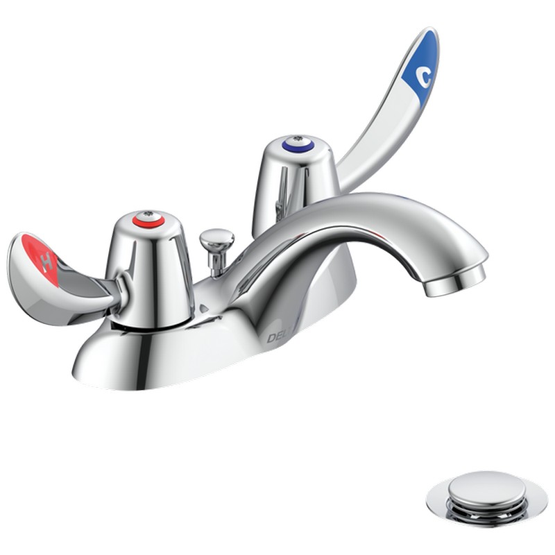 DELTA 21C252-TI COMMERCIAL 3 3/4 INCH TWO HOLES DECK MOUNTED TWO HANDLES CENTERSET 0.5 GPM BATHROOM FAUCET WITH TEMPERATURE INDICATED HOODED BLADE HANDLES AND METAL POP-UP - CHROME