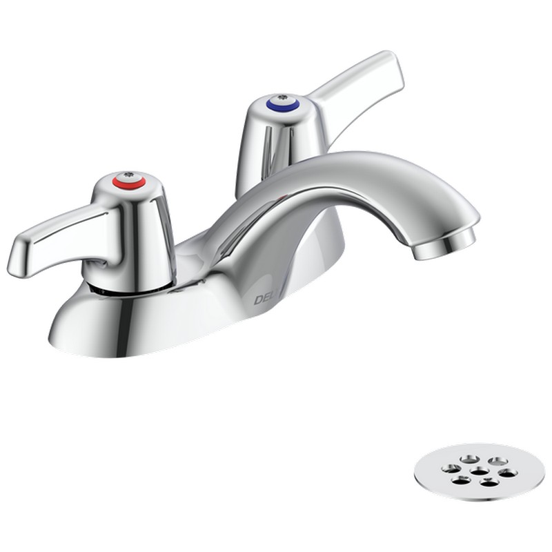 DELTA 21C333 COMMERCIAL 3 5/8 INCH TWO HOLES CENTERSET TWO HANDLES 1.5 GPM BATHROOM FAUCET WITH LEVER BLADE HANDLES VANDAL RESISTANT AERATOR AND METAL GRID STRAINER - CHROME