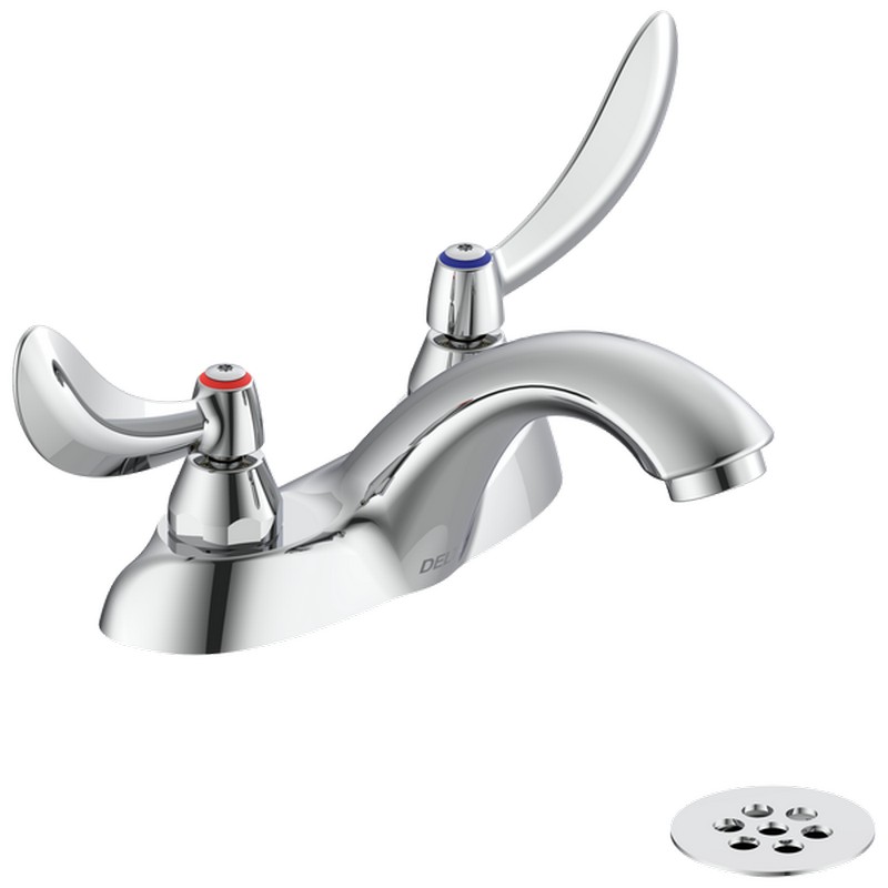 DELTA 21C334 COMMERCIAL 4 5/8 INCH TWO HOLES CENTERSET TWO HANDLES 1.5 GPM BATHROOM FAUCET WITH BLADE HANDLES VANDAL RESISTANT AERATOR AND METAL GRID STRAINER - CHROME