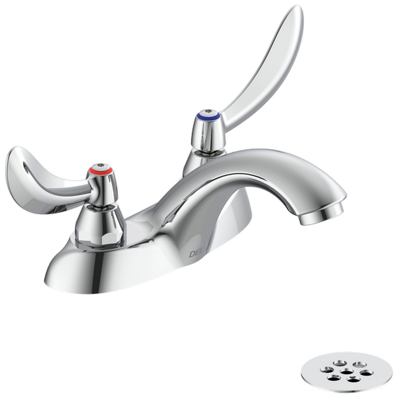 DELTA 21C424 COMMERCIAL 4 5/8 INCH TWO HOLES CENTERSET TWO HANDLES 1.5 GPM BATHROOM FAUCET WITH BLADE HANDLES ANTIMICROBIAL BY AGION AND OFFSET METAL GRID STRAINER - CHROME