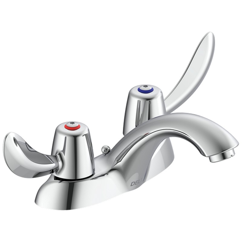 DELTA 21C542 COMMERCIAL 3 3/4 INCH THREE HOLES DECK MOUNTED CENTERSET TWO HANDLES 1.5 GPM BATHROOM FAUCET WITH HOODED BLADE HANDLES AND CHAIN STAY LESS PLUG OR CHAIN - CHROME