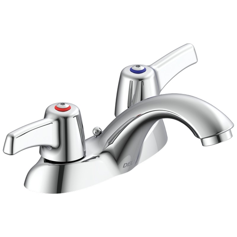 DELTA 21C553 COMMERCIAL 3 5/8 INCH THREE HOLES DECK MOUNTED CENTERSET TWO HANDLES 0.5 GPM BATHROOM FAUCET WITH LEVER OR BLADE HANDLES AND CHAIN STAY - CHROME