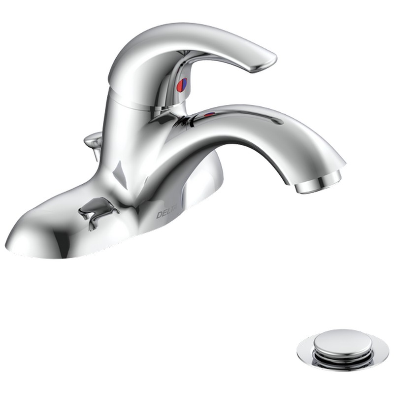 DELTA 22C321 COMMERCIAL 6 1/4 INCH THREE HOLES CENTERSET SINGLE HANDLE 1.5 GPM BATHROOM FAUCET WITH ANTIMICROBIAL BY AGION AND POP-UP ASSEMBLY - CHROME