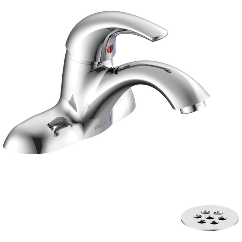 DELTA 22C451 COMMERCIAL 6 1/4 INCH TWO HOLES CENTERSET SINGLE HANDLE 0.5 GPM BATHROOM FAUCET WITH METAL GRID STRAINER - CHROME