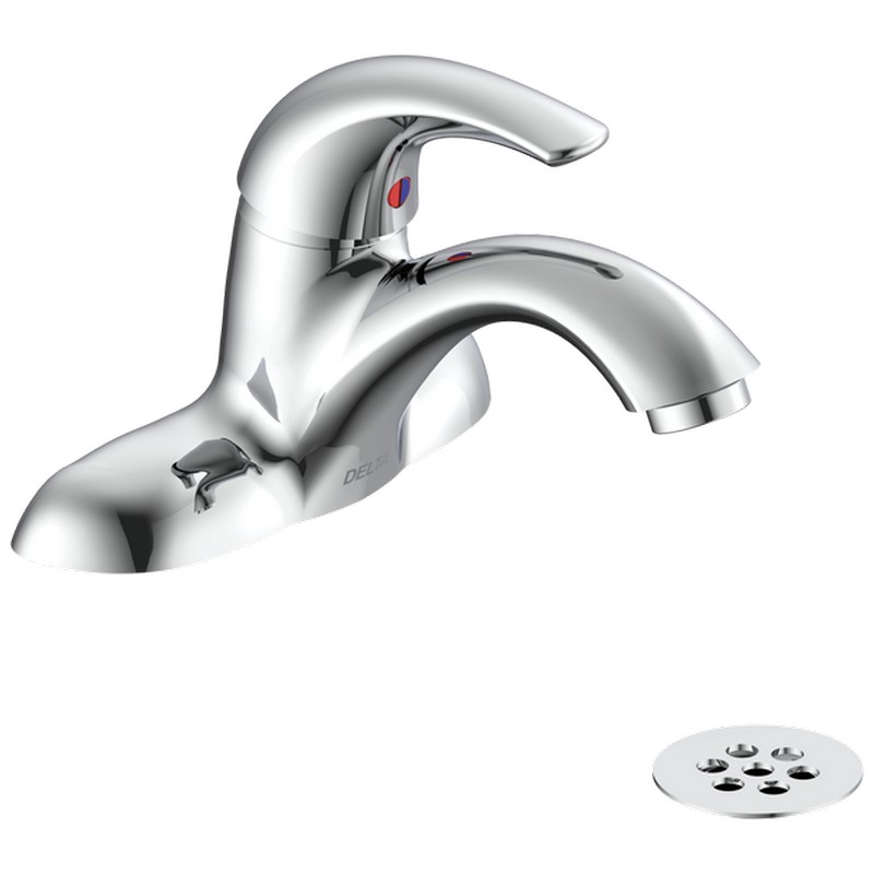 DELTA 22C531 COMMERCIAL 6 1/4 INCH TWO HOLES CENTERSET SINGLE HANDLE 1.5 GPM BATHROOM FAUCET WITH VANDAL RESISTANT AERATOR AND OFFSET METAL GRID STRAINER - CHROME