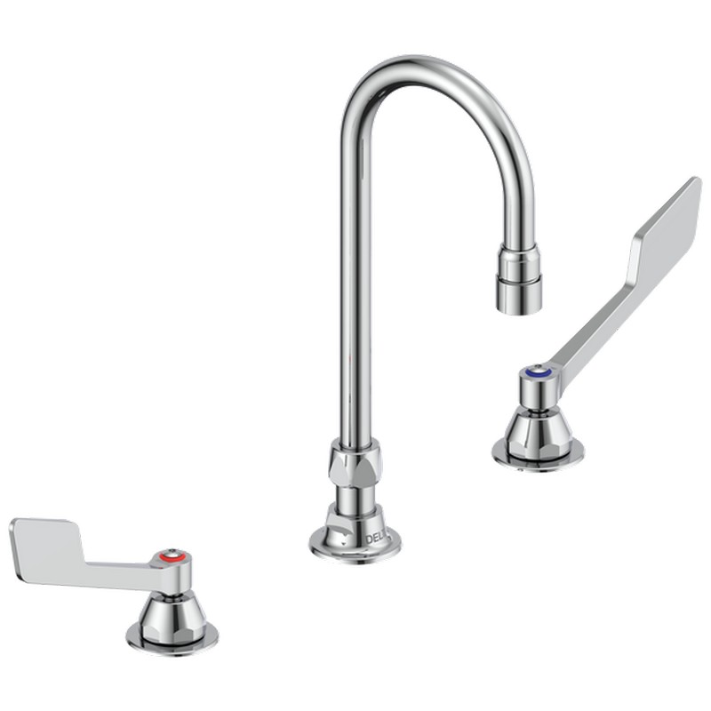 DELTA 23C625 COMMERCIAL 10 3/4 INCH THREE HOLES AND 1.5 GPM WIDESPREAD BATHROOM FAUCET WITH TWO WRIST BLADE HANDLES GOOSENECK SPOUT - CHROME