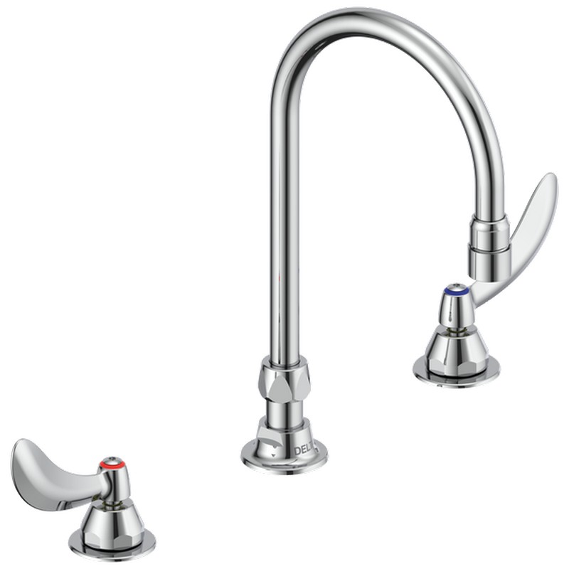 DELTA 23C634-R4 COMMERCIAL 10 INCH THREE HOLES AND 1.5 GPM WIDESPREAD BATHROOM FAUCET WITH TWO BLADE HANDLES GOOSENECK SPOUT AND VANDAL RESISTANT AERATOR - CHROME