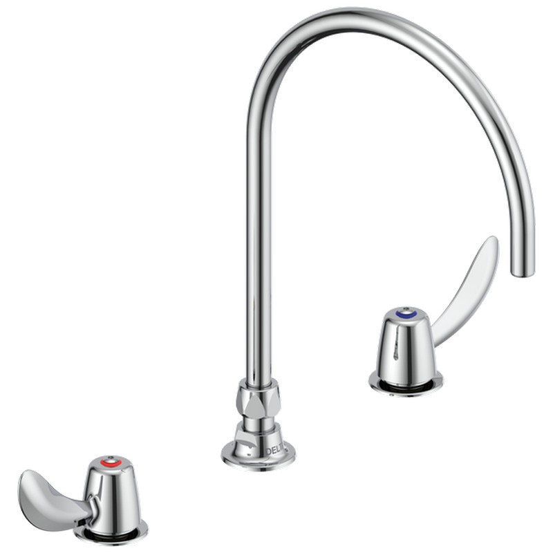 DELTA 23C672-R7 COMMERCIAL 14 1/8 INCH THREE HOLES WIDESPREAD 1 GPM TWO HOODED BLADE HANDLES CERAMIC DISC BATHROOM FAUCET - CHROME