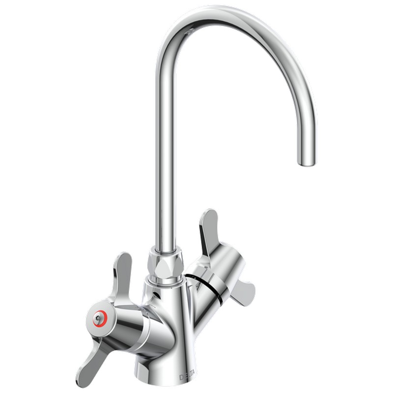 DELTA 25C3977 COMMERCIAL 13 7/8 INCH SINGLE HOLE TWO HANDLES CERAMIC DISC MOUNT BATHROOM FAUCET WITH LEVER HANDLES AND SMOOTH END GOOSENECK SPOUT - CHROME