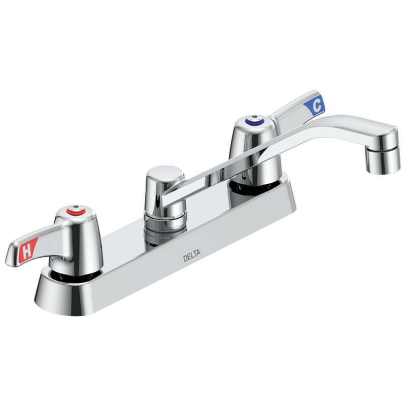 DELTA 26C3133-TI COMMERCIAL 6 5/8 INCH TWO HOLES DECK MOUNT 1.5 GPM DOUBLE HANDLE CERAMIC DISC KITCHEN FAUCET WITH LEVER BLADE HANDLES WALL FORM SWING SPOUT - CHROME