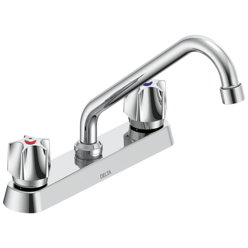 DELTA 26C3221 COMMERCIAL 5 3/4 INCH TWO HOLES DECK MOUNT 1.5 GPM DOUBLE HANDLE CERAMIC DISC KITCHEN FAUCET WITH FLUTE HANDLES TUBULAR SWING SPOUT AND ANTIMICROBIAL - CHROME