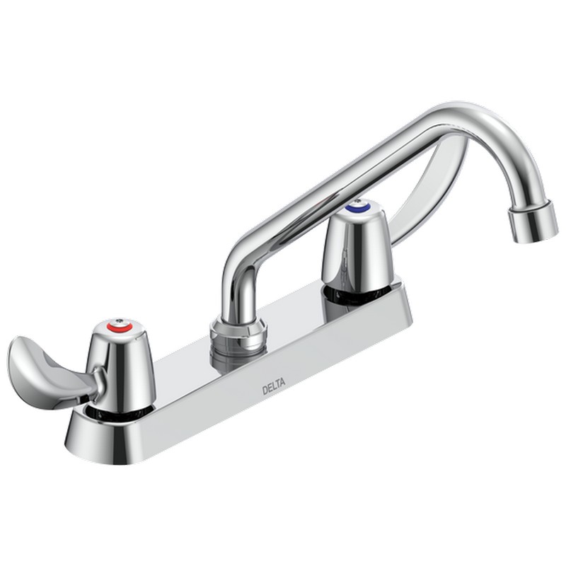 DELTA 26C3222 COMMERCIAL 6 5/8 INCH TWO HOLES DECK MOUNT 1.5 GPM DOUBLE HANDLE CERAMIC DISC KITCHEN FAUCET WITH HOODED BLADE HANDLES TUBULAR SWING SPOUT AND ANTIMICROBIAL - CHROME