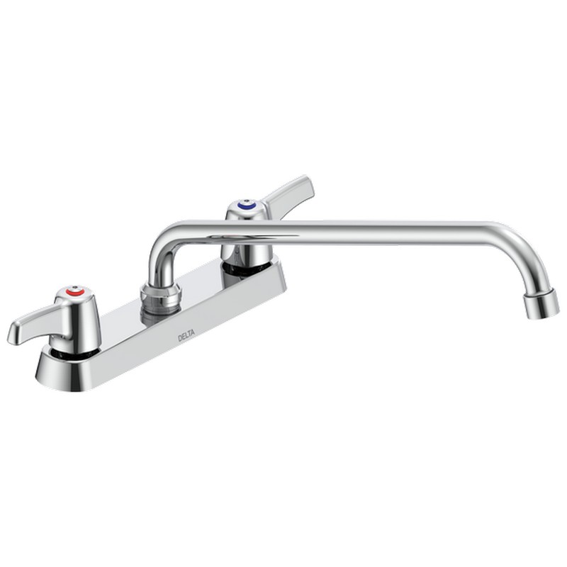 DELTA 26C3223-S8 COMMERCIAL 8 3/8 INCH TWO HOLES DECK MOUNT 1.5 GPM DOUBLE HANDLE CERAMIC DISC UTILITY KITCHEN FAUCET WITH LEVER BLADE HANDLES TUBULAR SWING SPOUT - CHROME