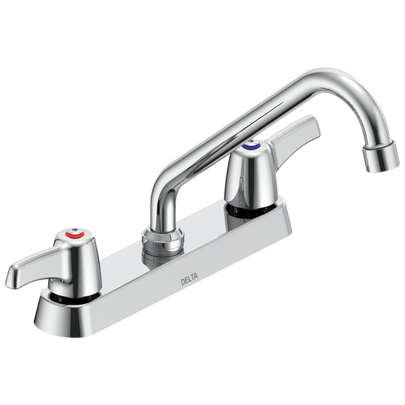 DELTA 26C3223 COMMERCIAL 8 3/8 INCH TWO HOLES DECK MOUNT 1.5 GPM DOUBLE HANDLE CERAMIC DISC KITCHEN FAUCET WITH LEVER BLADE HANDLES TUBULAR SWING SPOUT AND ANTIMICROBIAL - CHROME