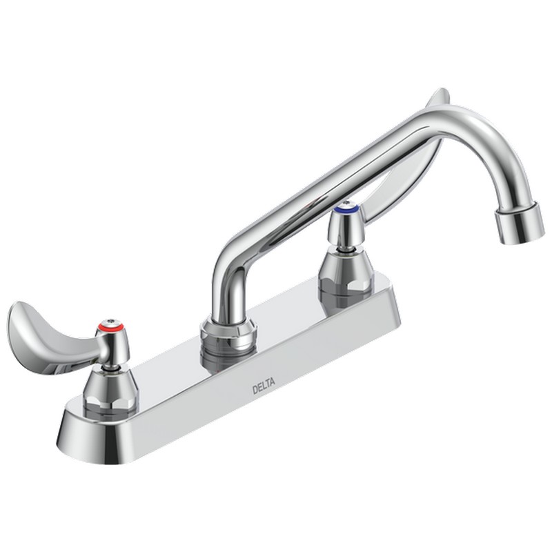 DELTA 26C3224 COMMERCIAL 8 3/8 INCH TWO HOLES DECK MOUNT 1.5 GPM DOUBLE HANDLE CERAMIC DISC KITCHEN FAUCET WITH BLADE HANDLES TUBULAR SWING SPOUT AND ANTIMICROBIAL - CHROME