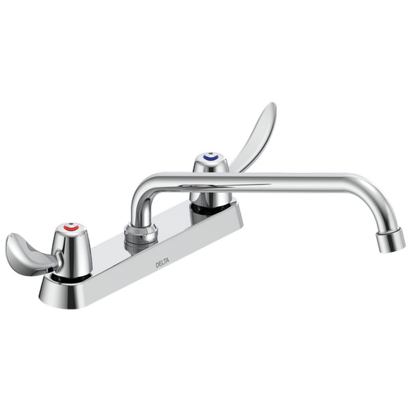 DELTA 26C3232-S7 COMMERCIAL 6 3/8 INCH TWO HOLES DECK MOUNT 1.5 GPM DOUBLE HANDLE UTILITY KITCHEN FAUCET WITH HOODED BLADE HANDLES TUBULAR SWING SPOUT - CHROME
